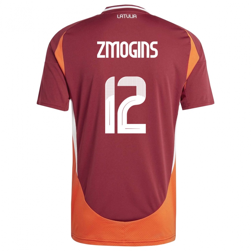 גברים לטביה Reinis Zmogins #12 אדום עמוק לבן כתום ג'רזי ביתית 26-28 חולצה קצרה