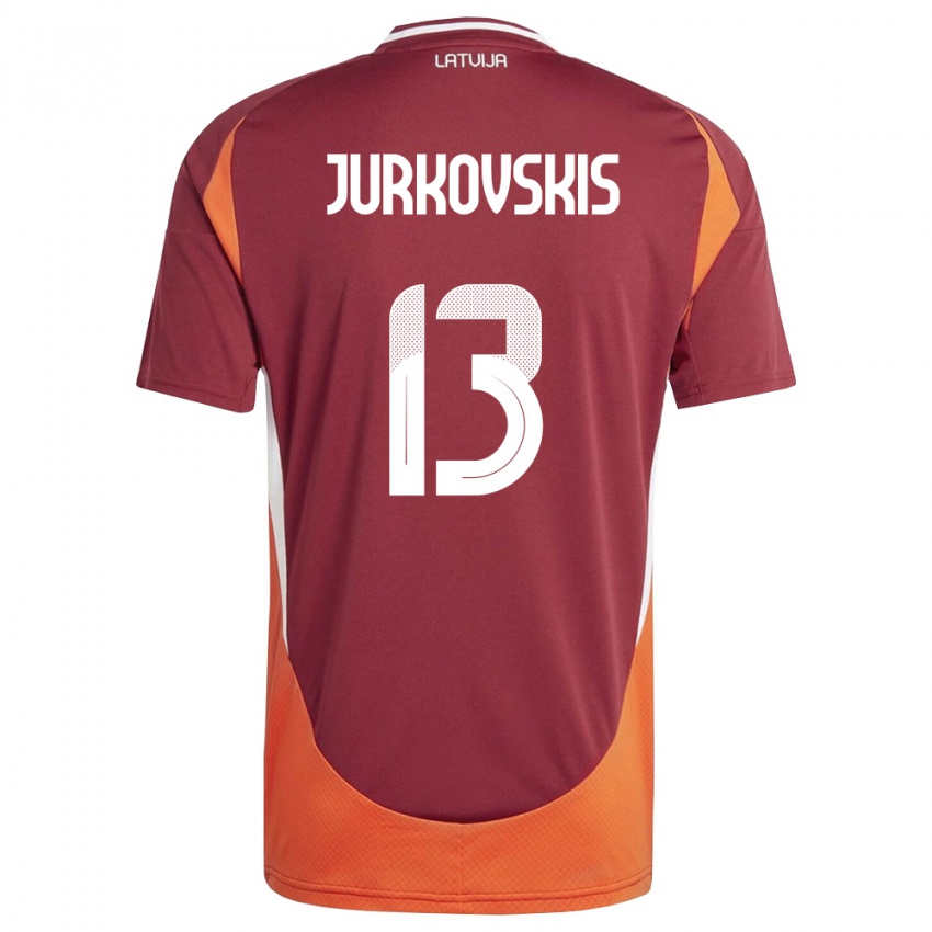 גברים לטביה Raivis Jurkovskis #13 אדום עמוק לבן כתום ג'רזי ביתית 26-28 חולצה קצרה