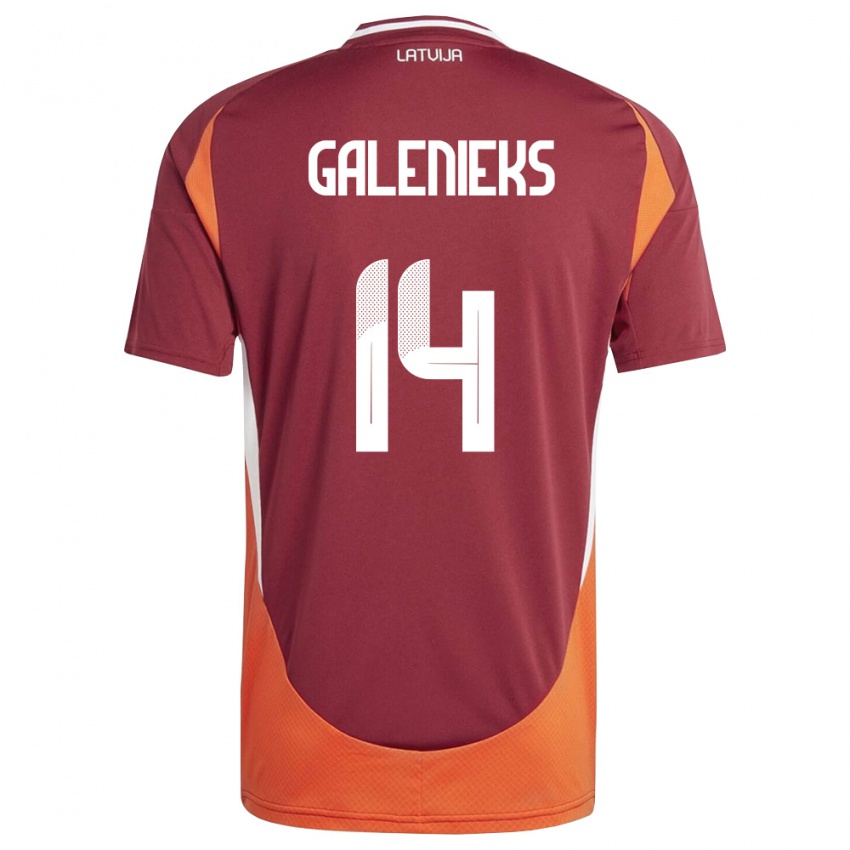 גברים לטביה Emils Galenieks #14 אדום עמוק לבן כתום ג'רזי ביתית 26-28 חולצה קצרה