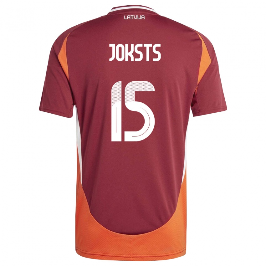 גברים לטביה Helvijs Joksts #15 אדום עמוק לבן כתום ג'רזי ביתית 26-28 חולצה קצרה