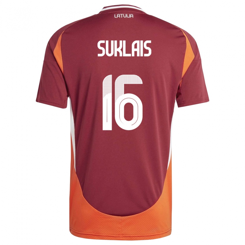 גברים לטביה Ralfs Suklais #16 אדום עמוק לבן כתום ג'רזי ביתית 26-28 חולצה קצרה