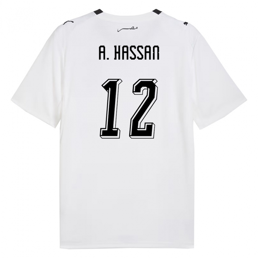 גברים מצרים Amier Hassan #12 לבן אפור שחור הרחק ג'רזי 26-28 חולצה קצרה