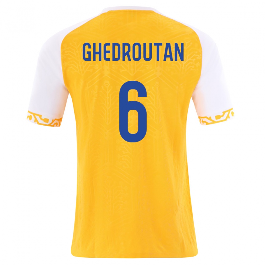 גברים מולדובה Cristian Ghedrouțan #6 צהוב לבן הרחק ג'רזי 26-28 חולצה קצרה
