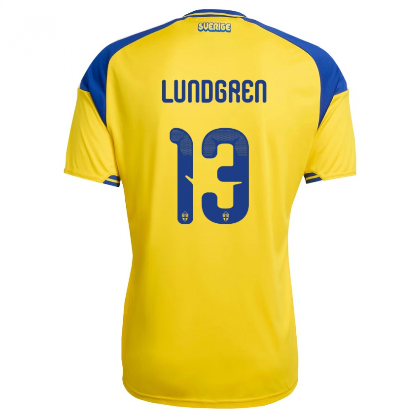 נשים שוודיה Gustav Lundgren #13 צהוב כחול לבן ג'רזי ביתית 26-28 חולצה קצרה