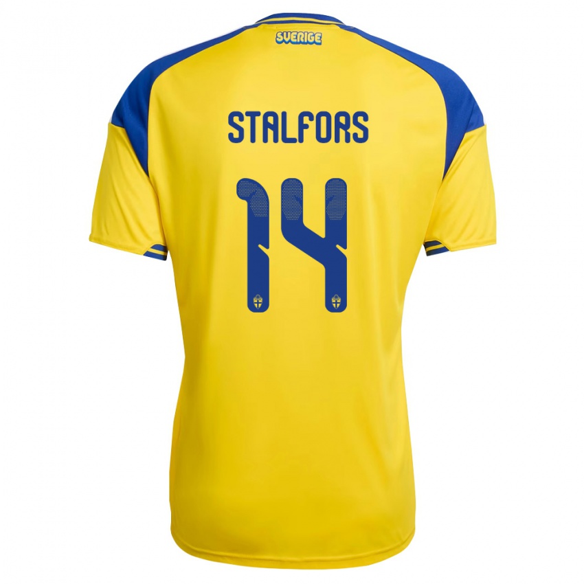נשים שוודיה Oskar Stålfors #14 צהוב כחול לבן ג'רזי ביתית 26-28 חולצה קצרה