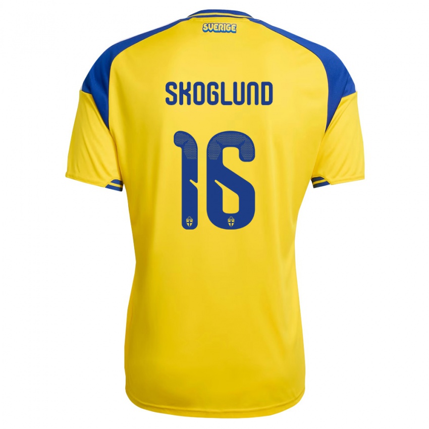 נשים שוודיה Hampus Skoglund #16 צהוב כחול לבן ג'רזי ביתית 26-28 חולצה קצרה