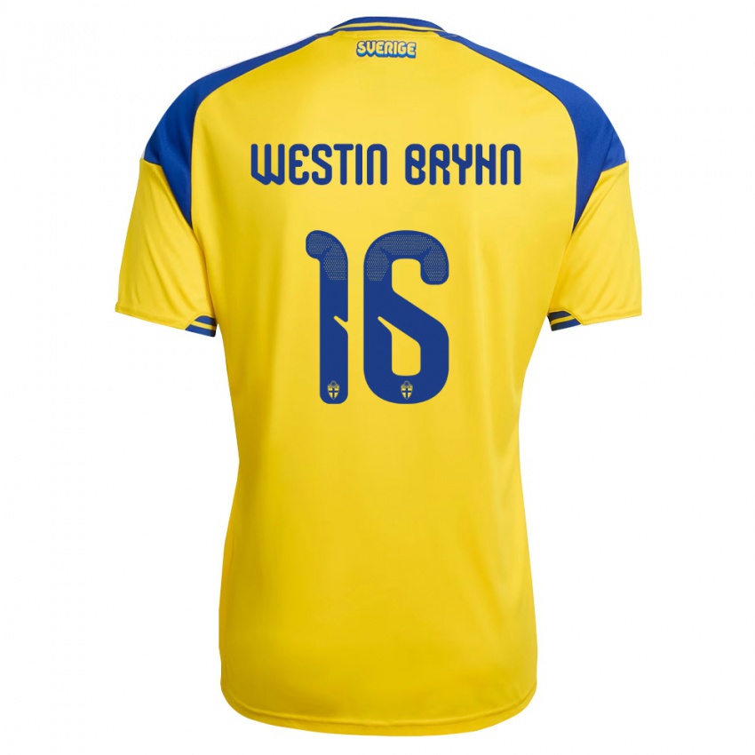 נשים שוודיה Leon Westin Bryhn #16 צהוב כחול לבן ג'רזי ביתית 26-28 חולצה קצרה
