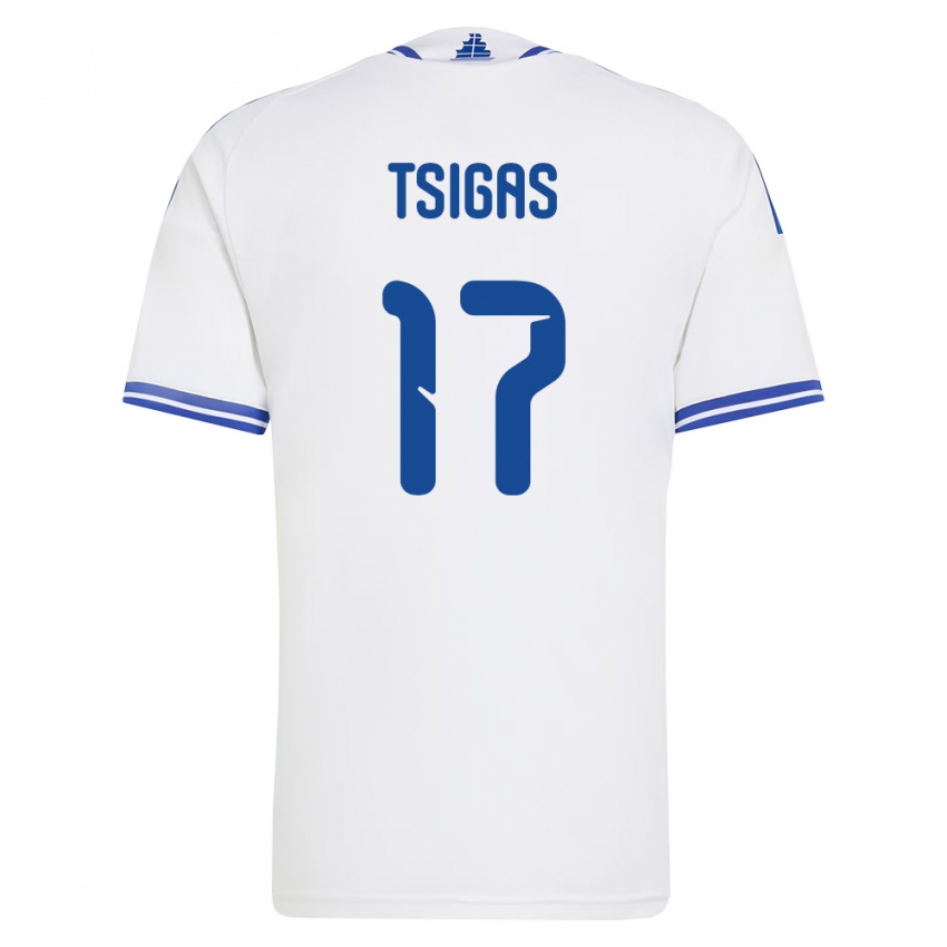 נשים יוון Stefanos Tsigas #17 לבן כחול ג'רזי ביתית 26-28 חולצה קצרה