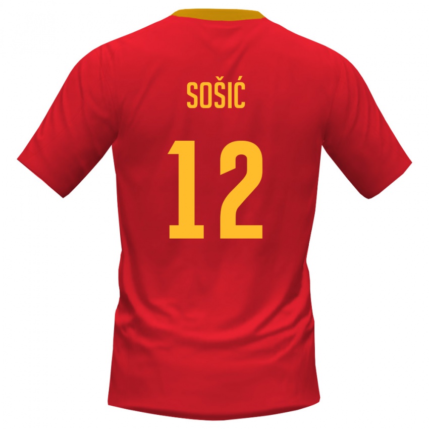 נשים מונטנגרו Simon Sošić #12 אדום צהוב ג'רזי ביתית 26-28 חולצה קצרה
