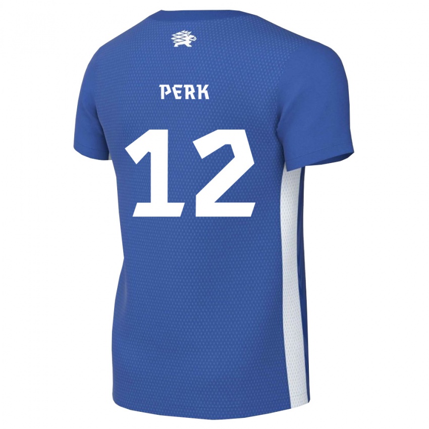 נשים אסטוניה Henri Perk #12 כחול כהה לבן ג'רזי ביתית 26-28 חולצה קצרה