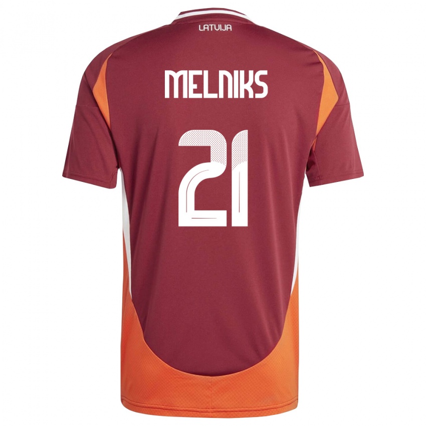 נשים לטביה Deniss Melniks #21 אדום עמוק לבן כתום ג'רזי ביתית 26-28 חולצה קצרה