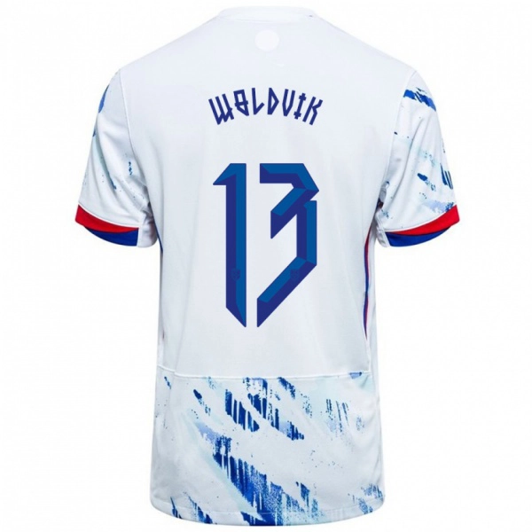 ילדים נורבגיה Emilie Woldvik #13 לבן כחול הרחק ג'רזי 24-26 חולצה קצרה