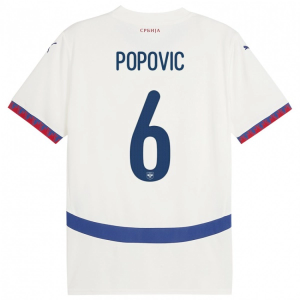 נשים סרביה Andrej Popovic #6 לבן הרחק ג'רזי 24-26 חולצה קצרה