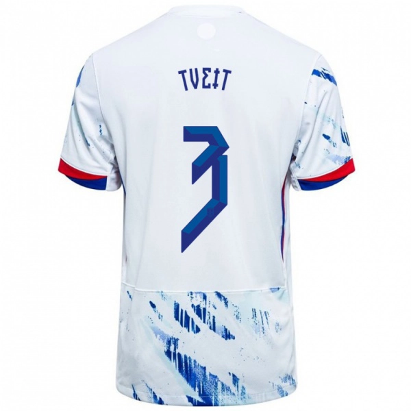 נשים נורבגיה Aksel Tveit #3 לבן כחול הרחק ג'רזי 24-26 חולצה קצרה