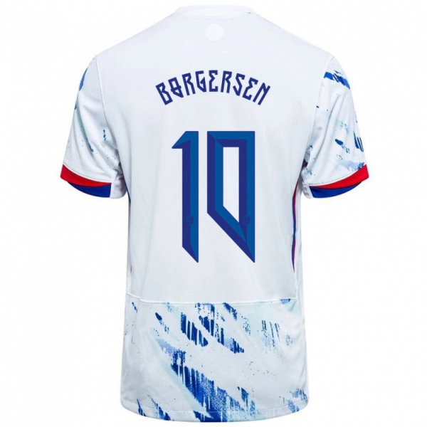 נשים נורבגיה Aleksander Borgersen #10 לבן כחול הרחק ג'רזי 24-26 חולצה קצרה