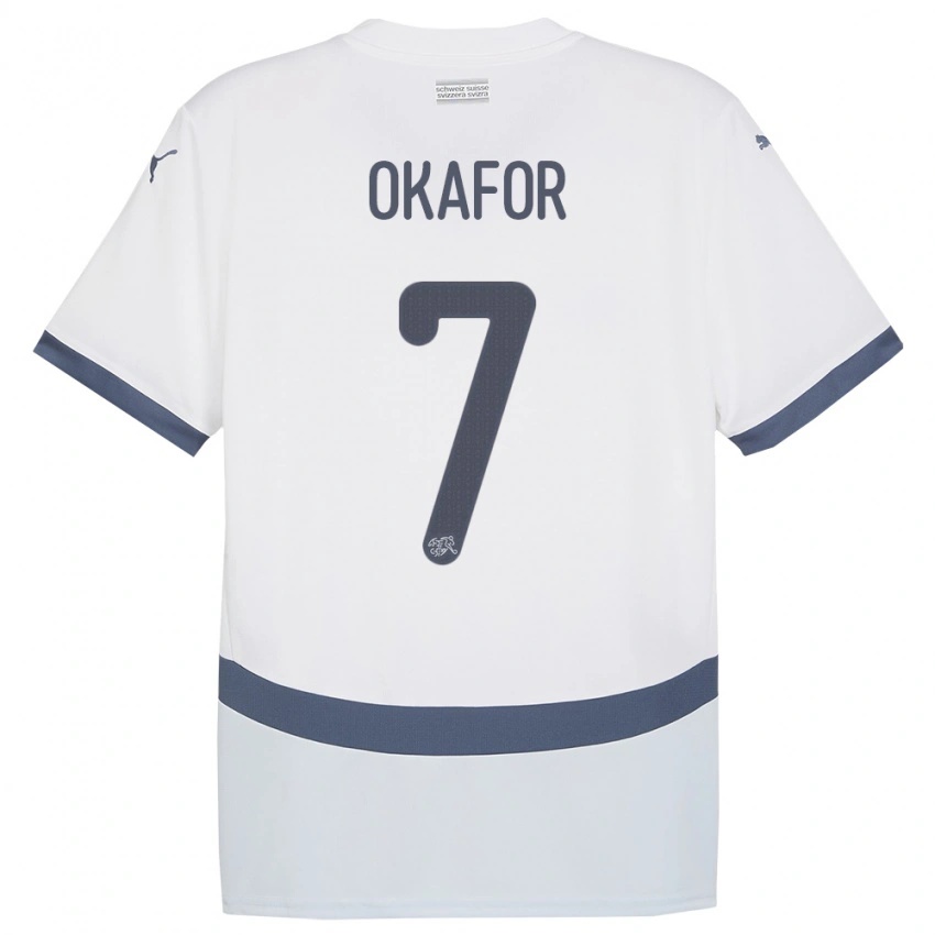 גברים שווייץ Tobias Okafor #7 לבן הרחק ג'רזי 24-26 חולצה קצרה