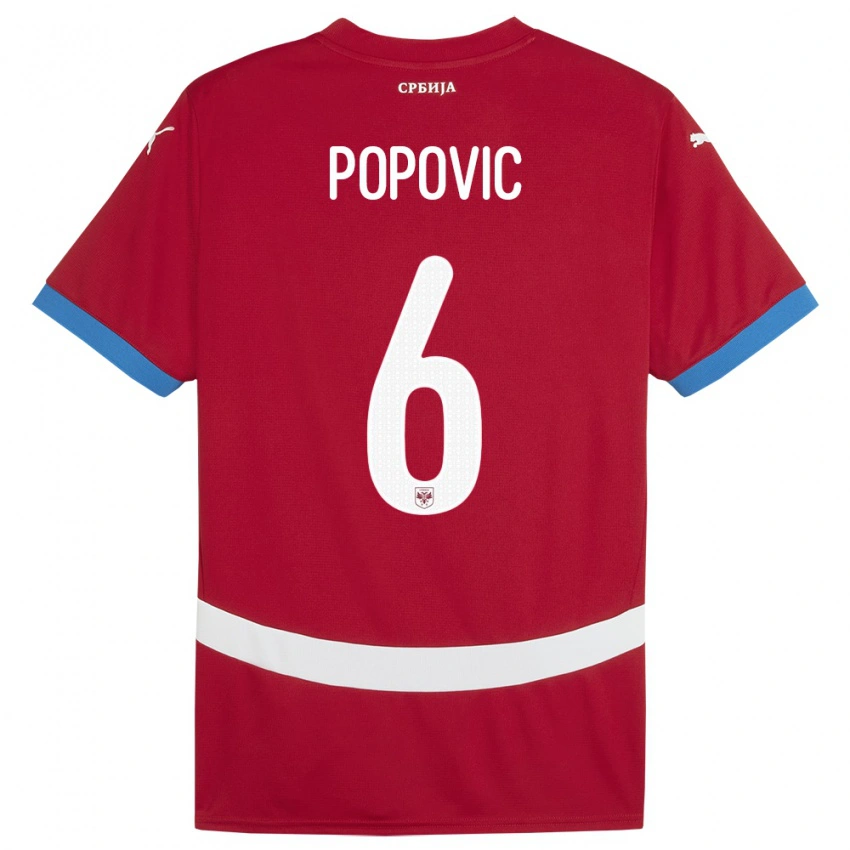 נשים סרביה Andrej Popovic #6 אָדוֹם ג'רזי ביתית 24-26 חולצה קצרה