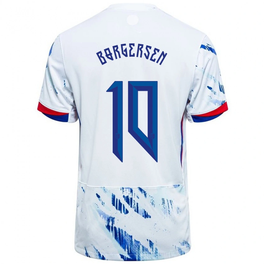 נשים נורבגיה Aleksander Borgersen #10 לבן כחול הרחק ג'רזי 24-26 חולצה קצרה